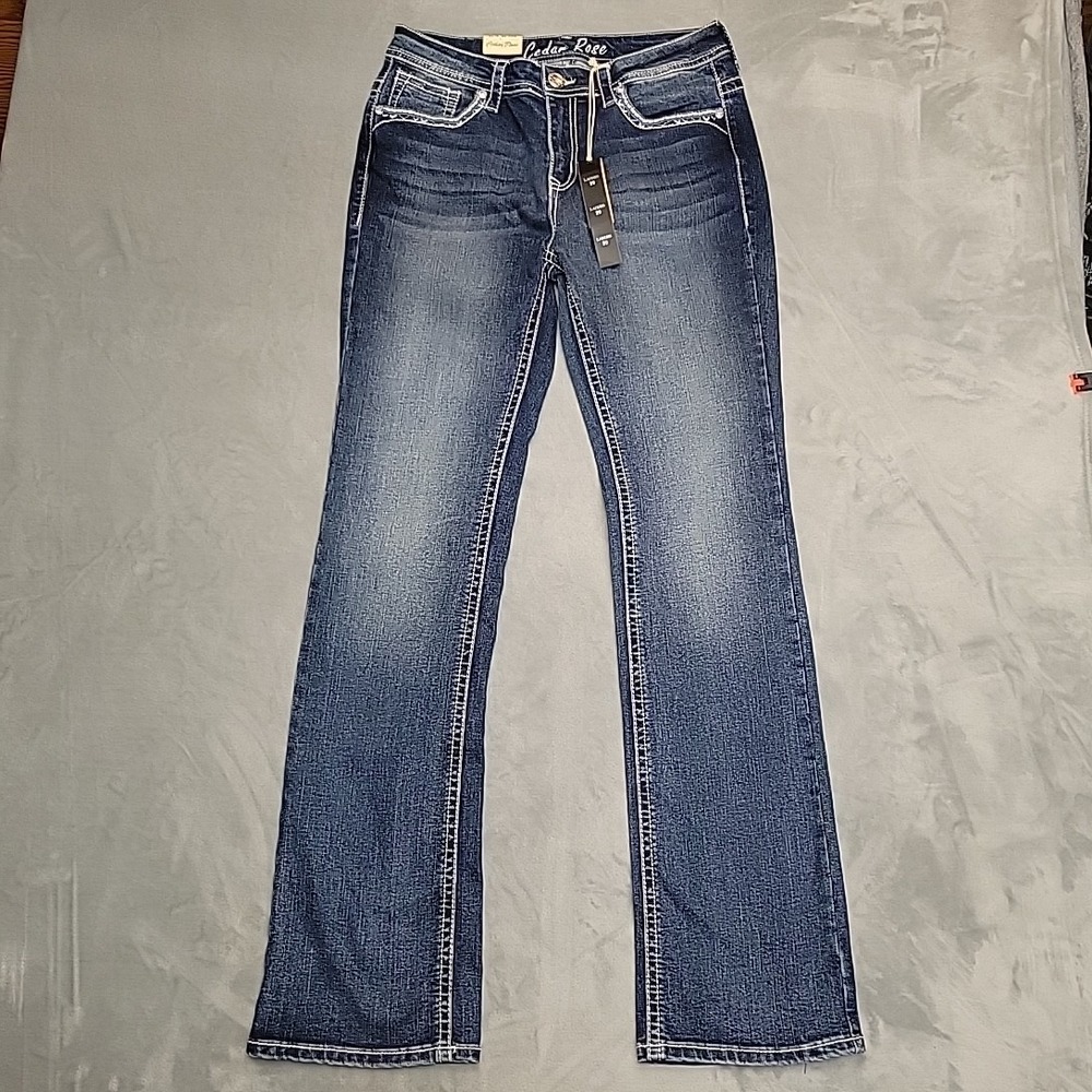 Cedar Rose Jeans Womens 29 Blue Bootcut Embroidered Feather Rhinestone Denim